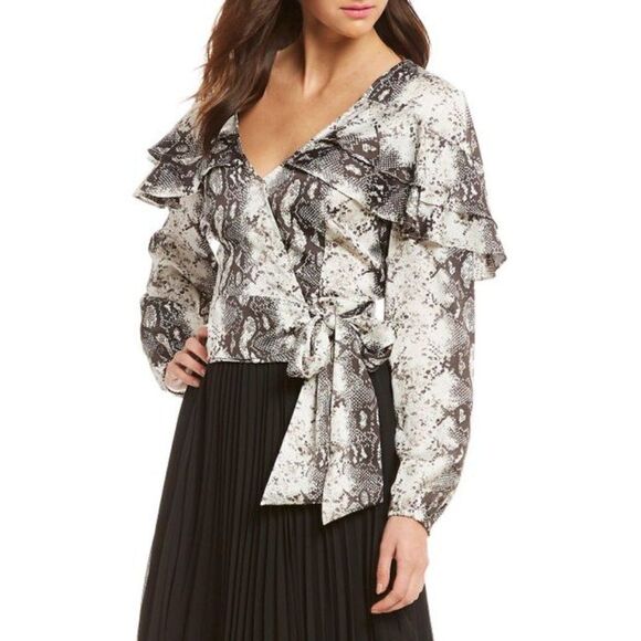 Gianni Bini Python Snakeskin Ruffle Wrap Top - Picture 1 of 11
